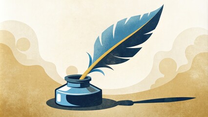 An ink bottle with a feather quill pen.