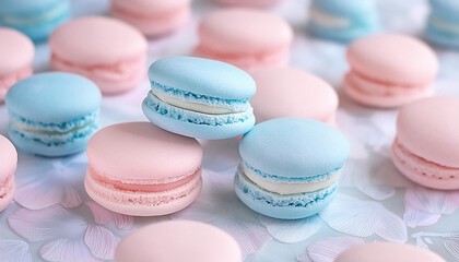 Obraz premium Delicious pastel pink and blue macarons on table. French dessert. Sweet and tasty food.