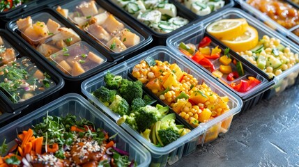 Obraz premium Vegetarian lunch boxes with a variety of fresh vegetables, rice and sauces. Healthy eating for an active lifestyle. Colorful and delicious lunches with broccoli, carrots, zucchini, tofu and beans