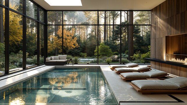 a large indoor swimming pool with lounge chairs