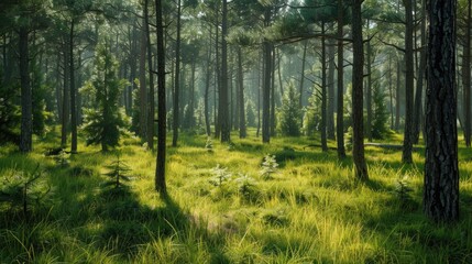 Obraz premium Vibrant forest with lush grass and pine trees