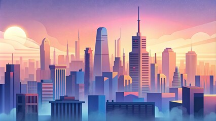 Obraz premium A city skyline with tall buildings at sunrise.