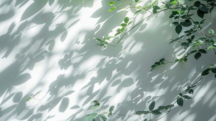 Abstract tree shadow blurred background with leaves, tree branch and light shadow on white wall