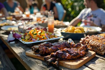 Family and friends gathered around a picnic table laden with BBQ dishes, ready to dig in at a backyard party.