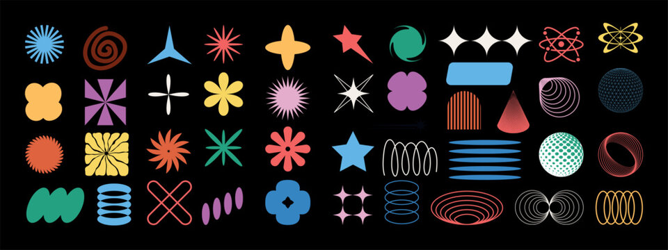 Brutalist abstract geometric shapes and grids. Brutal contemporary figure star oval spiral flower and other primitive elements. Swiss design aesthetic. Trendy minimalist basic figures. 