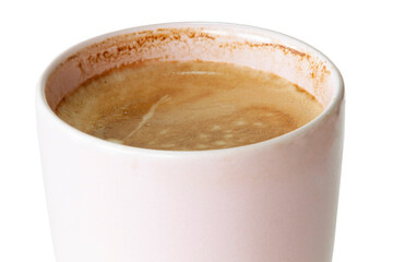 Pink coffee mug with cappuccino or latte with foam with no background. Close-up