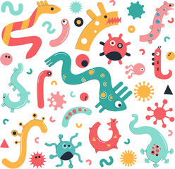 Vibrant cute Illustration Microbes, Virus, Germs Bacteria Microorganisms