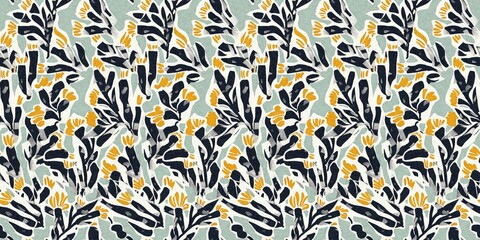 Modern printed fabric flower block print pattern with linen texture effect. Stylized boho dark floral for chic fashion background motif border design.