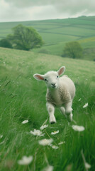 Obraz premium Young Lamb Running in Green Meadow with Wildflowers