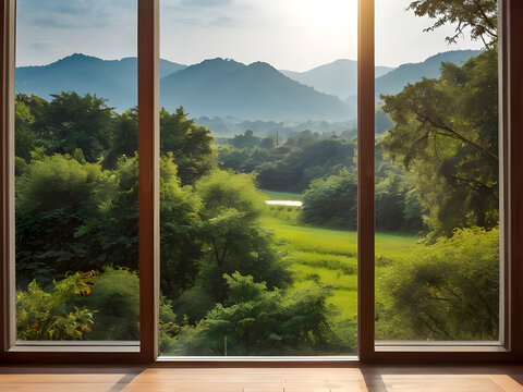 Fototapeta Landscape nature view background. view from modern window at a wonderful landscape nature view.