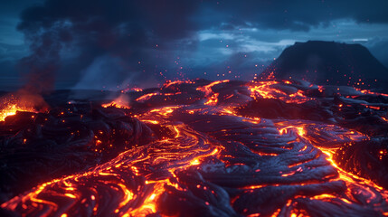 Flowing Lava at Night