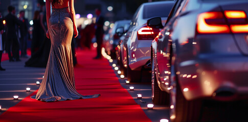 Elegant woman in red evening dress walking on carpet near luxury car at event