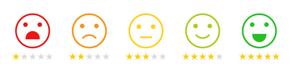 Set of customers ret satisfaction level emoticon icon. Rating emoji icon set in different color outline. Star rating emoji icon set. Vector illustration.