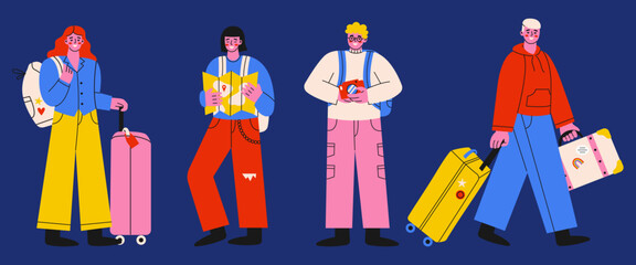 Set of people with suitcases, luggage, map, backpack and camera in travel. Tourism, journey, trip concept. Vector flat illustration.