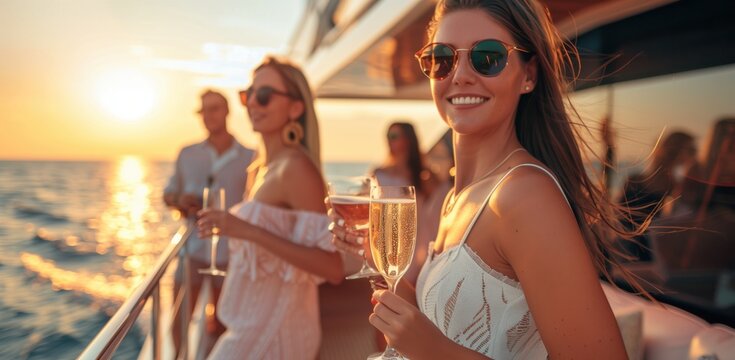 Two women holding champagne flutes on a luxury boat against a sunset, conveying a sense of celebration and high life