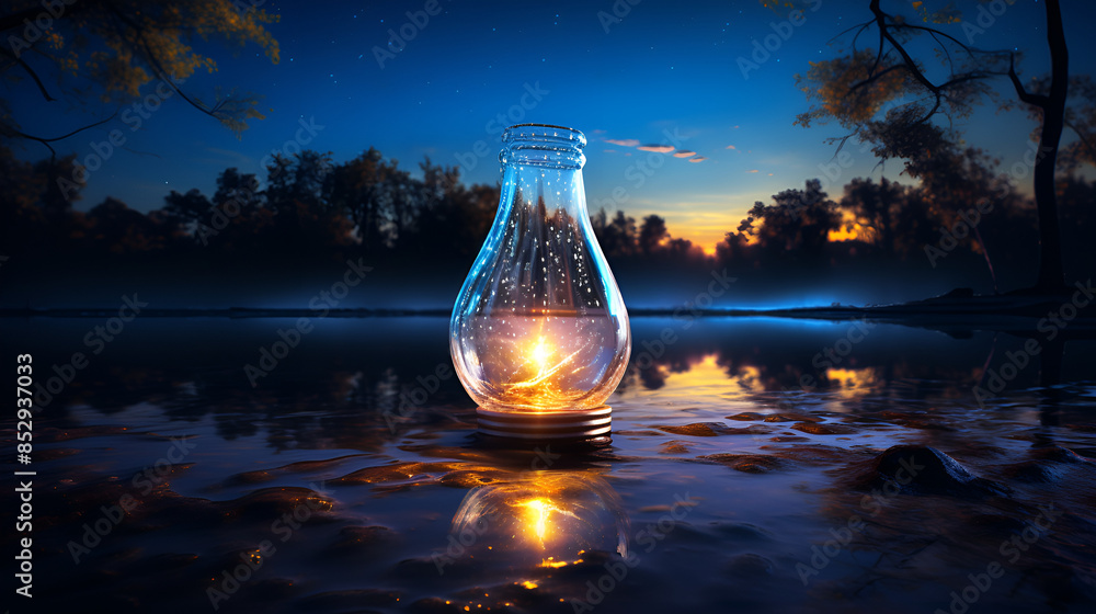 Wall mural A glowing lamp inside a bottle placed on the shore of a serene lake.