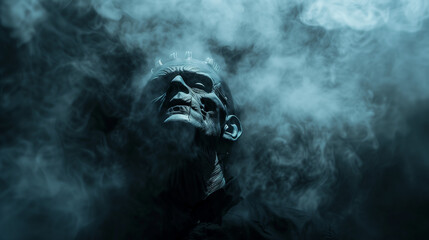 Frankenstein's monster gazing upwards in fog