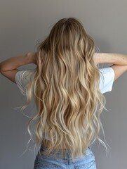 An image capturing a woman with long wavy blonde hair seen from behind with a focus on her hairstyle