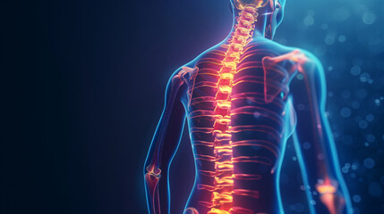 3d illustration of the human body. backache on red spine. Medical concept