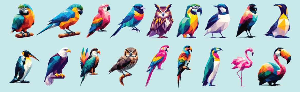 Set of bird, low polygon style, vector illustration, isolated on light blue background