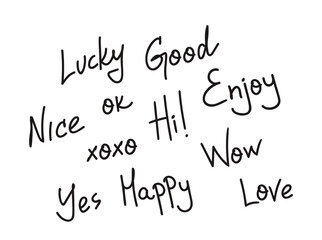 Collection Of Positive Handwritten Words Doodled In Black Ink. Includes Playful And Encouraging Words Like Lucky, Good