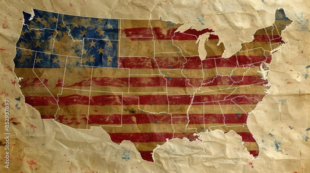 Wall mural Vintage USA Map Illustration on Crumpled Paper Background