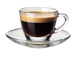 Glass espresso cup with saucer, ideal for serving hot espresso or coffee. The clear design and sleek handle add a modern touch to your coffee experience. Isolated on transparent background, png.