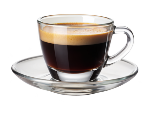 Glass espresso cup with saucer, ideal for serving hot espresso or coffee. The clear design and sleek handle add a modern touch to your coffee experience. Isolated on transparent background, png.