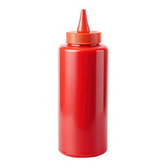Red squeeze bottle with cap, perfect for dispensing condiments like ketchup or sauces. Isolated on transparent background, png.