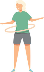 Elderly woman is exercising with a hula hoop, promoting an active and healthy lifestyle in old age