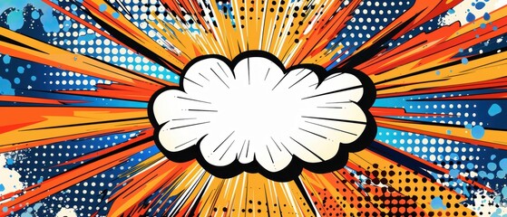 Dynamic comic book explosion with a central white speech bubble, vibrant orange, blue, and red rays, and dotted patterns, suitable for energetic promotions