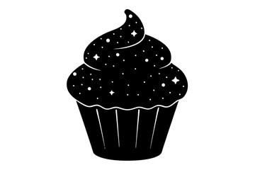 A cupcake with galaxy-themed icing glows silhouette black color vector illustration