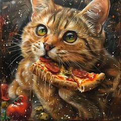 Adorable ginger cat nibbling on a slice of pizza on a wooden table