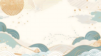 flat illustration of the sea, with golden auspicious clouds and circular geometric patterns