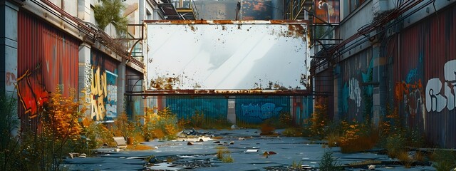 Abandoned Urban Alley with Weathered Billboard and Graffiti Covered Walls in a Moody Grungy Atmosphere
