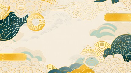 Obraz premium flat illustration of the sea, with golden auspicious clouds and circular geometric patterns
