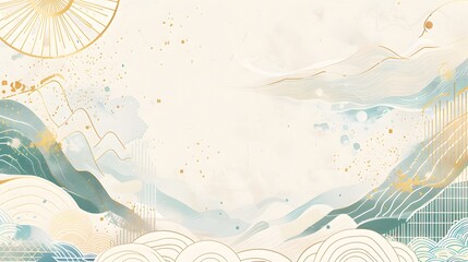 flat illustration of the sea, with golden auspicious clouds and circular geometric patterns
