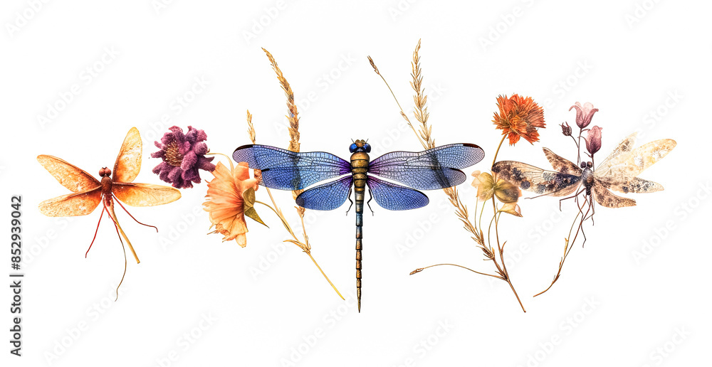 Poster a row of colorful butterflies and dragonflies are shown in a row