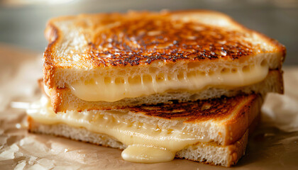 Closeup of a gooey grilled cheese sandwich.