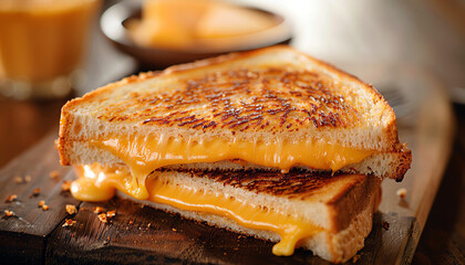 Closeup of a gooey grilled cheese sandwich.