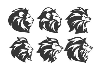 Set Of Six Lion Head Silhouettes In Various Artistic Styles For Use In Logos, Tattoos, Mascots, Or Illustrating Strength