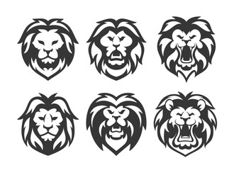 Vector Collection Of Six Lion Head Silhouettes With Different Expressions. Black And White Design For Logos And Identity