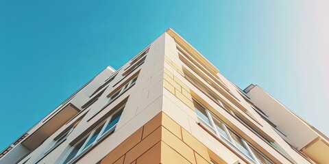 Sunny day at corner of apartment building with geometric patterns. Architecture concept