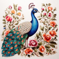 pattern Mughal peacock painting with mughal king on white background