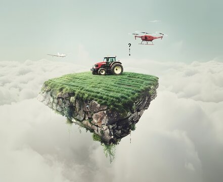 floating island with tractor and farmer on it, crop field, flying drone, sky background