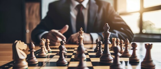 Business leader giving a presentation, chessboard and planning charts as visual aids, emphasis on strategic thinking, with a calm, soothing color scheme