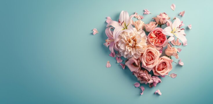 Beautiful heart-shaped floral arrangement with roses and lilies, ideal for Mother's Day celebrations, on a pastel backdrop