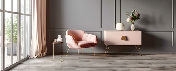 gray wall with light wood grain and empty space for text. A pink chair