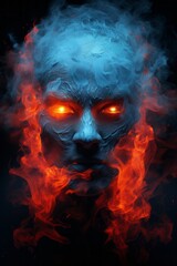 an image of a man with glowing eyes and fire coming out of his head