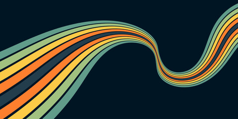 Abstract colorful 70s background vector. Vintage retro wallpaper with rainbow stripes and wavy lines. A 1970 color illustration suitable for posters, banners, decorative items and wall art.